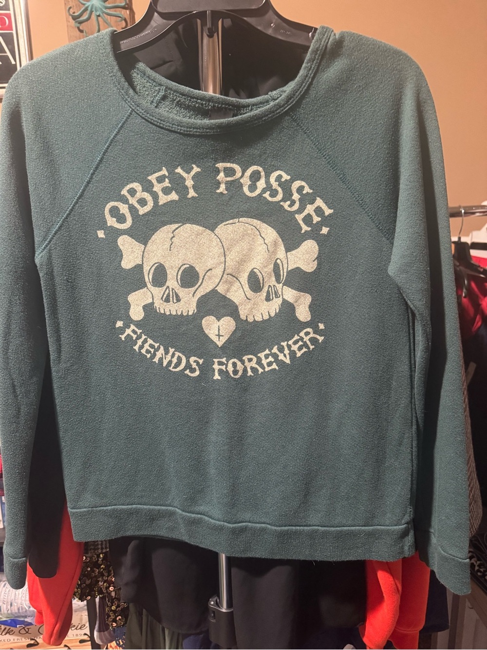 Obey Forest Green Crewneck with Cream Skull Graphic - Obey